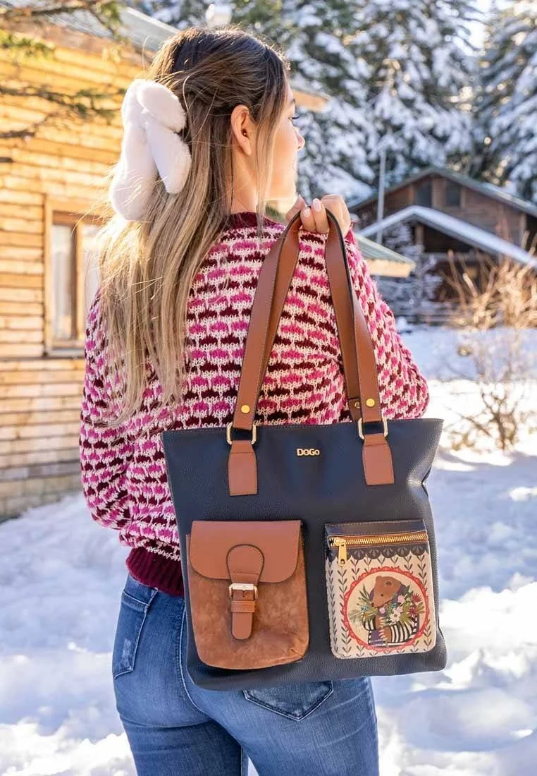 Women Vegan Leather Navy Shoulder Bag - Bear and Flowers Design