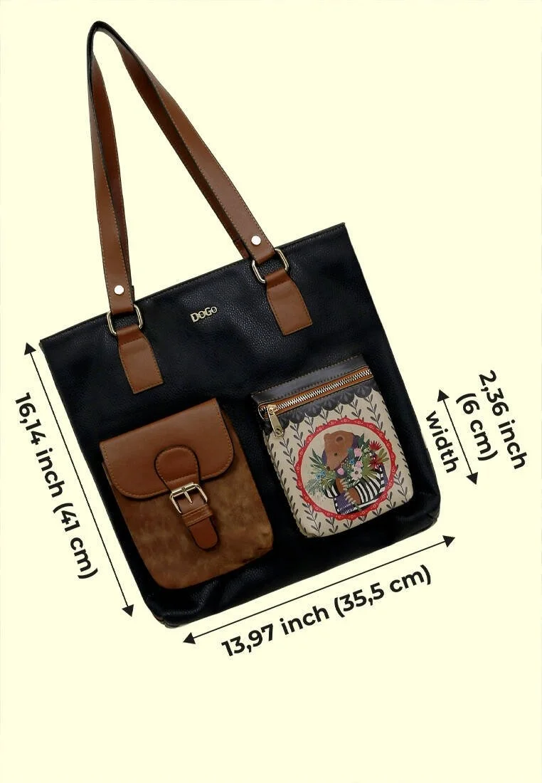 Women Vegan Leather Navy Shoulder Bag - Bear and Flowers Design