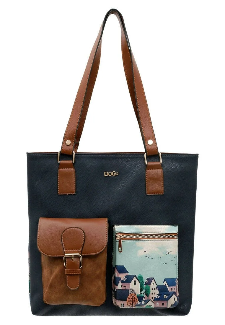 Women Vegan Leather Navy Shoulder Bag - Buildings Design