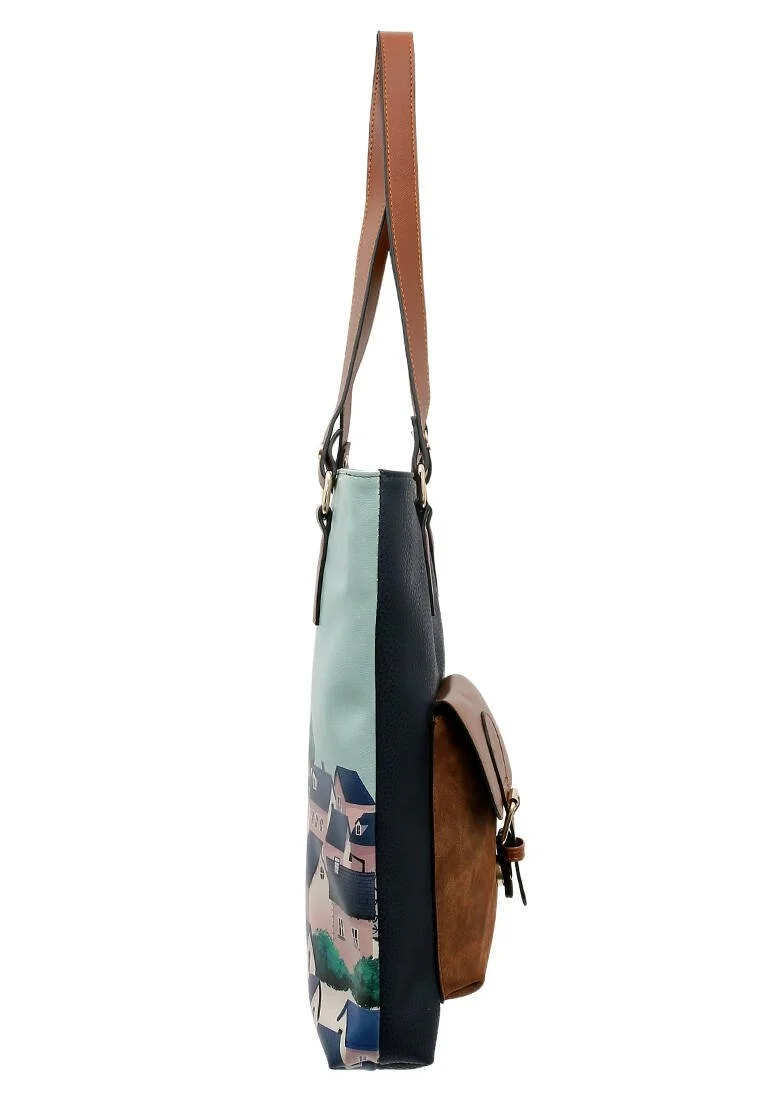 Women Vegan Leather Navy Shoulder Bag - Buildings Design