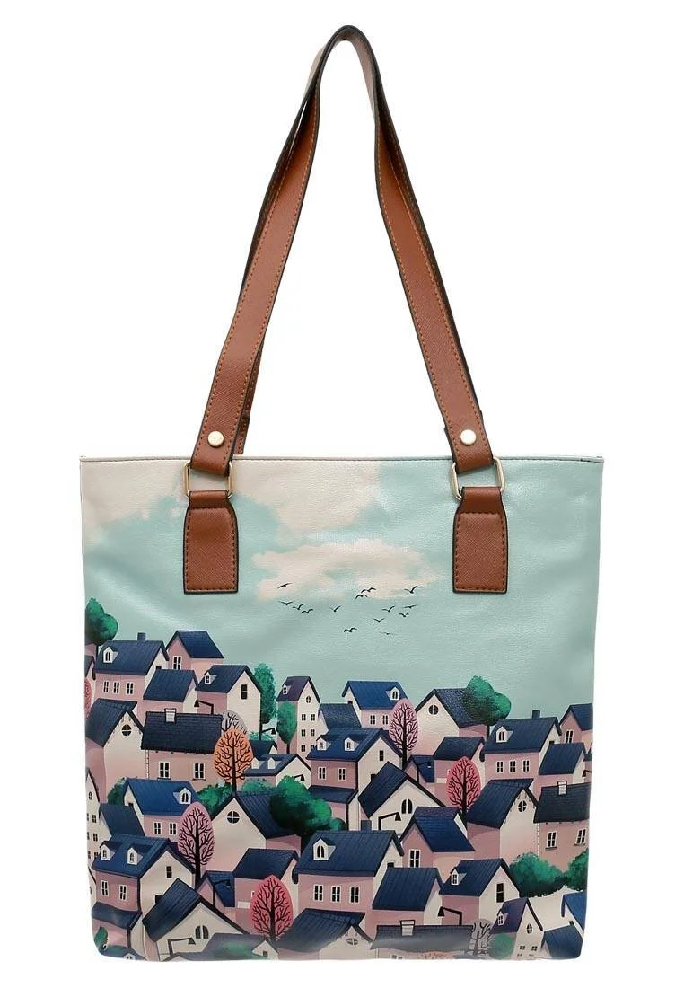 Women Vegan Leather Navy Shoulder Bag - Buildings Design