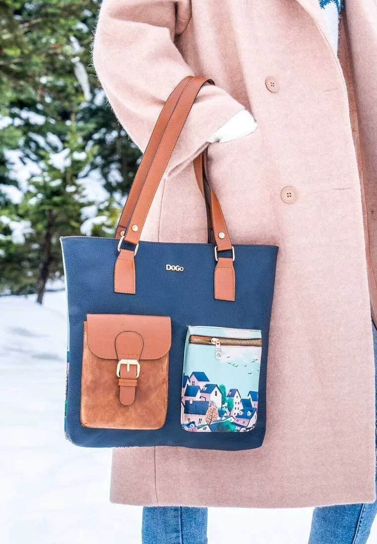 Women Vegan Leather Navy Shoulder Bag - Buildings Design