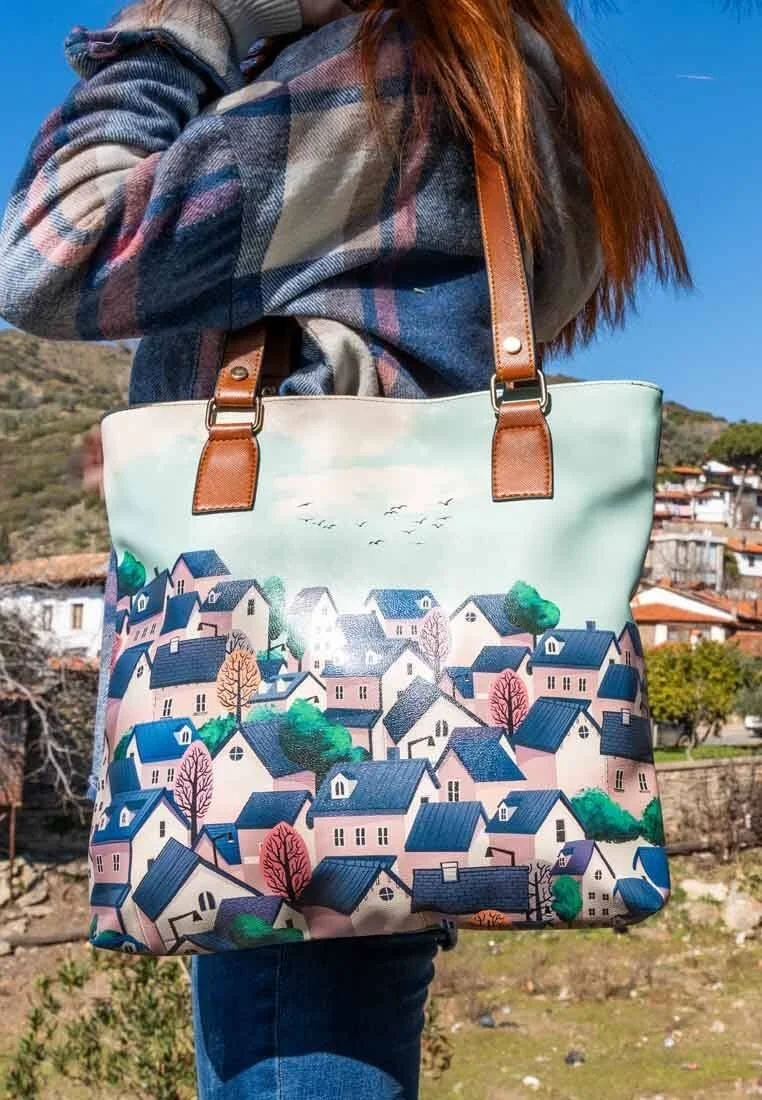 Women Vegan Leather Navy Shoulder Bag - Buildings Design