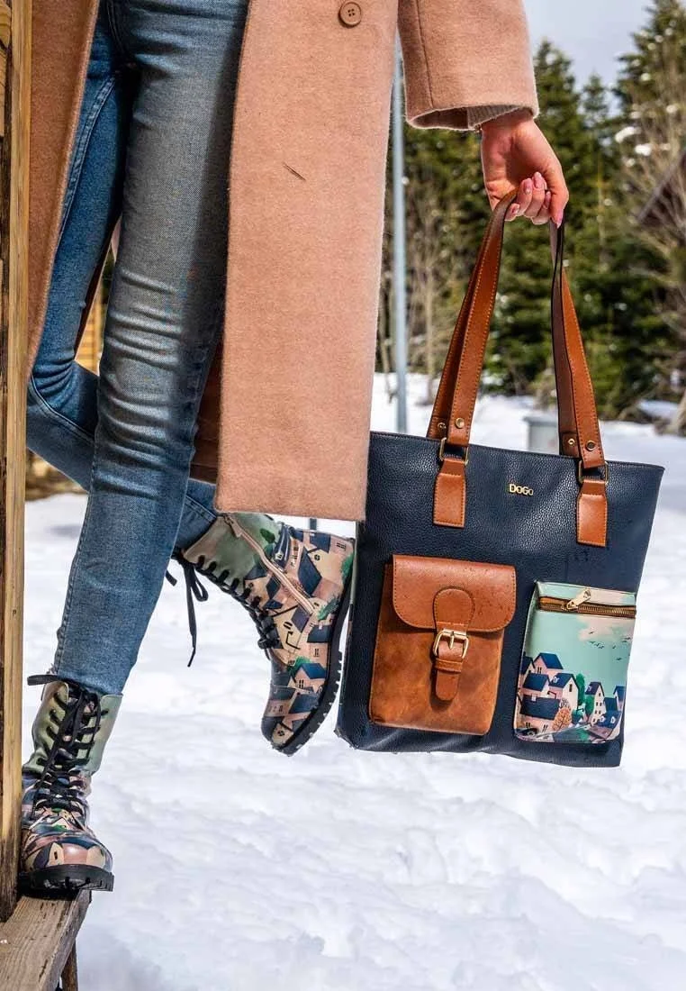 Women Vegan Leather Navy Shoulder Bag - Buildings Design