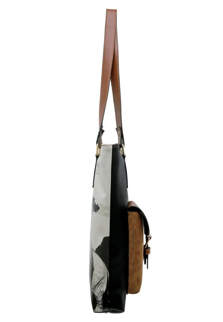Women Vegan Leather Navy Shoulder Bag - Sunset Animals Design