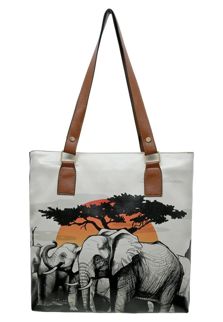 Women Vegan Leather Navy Shoulder Bag - Sunset Animals Design