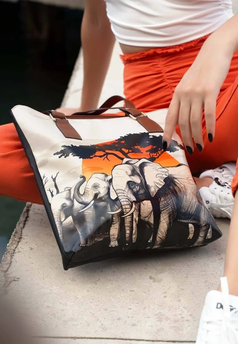 Women Vegan Leather Navy Shoulder Bag - Sunset Animals Design