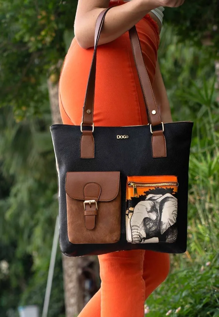 Women Vegan Leather Navy Shoulder Bag - Sunset Animals Design