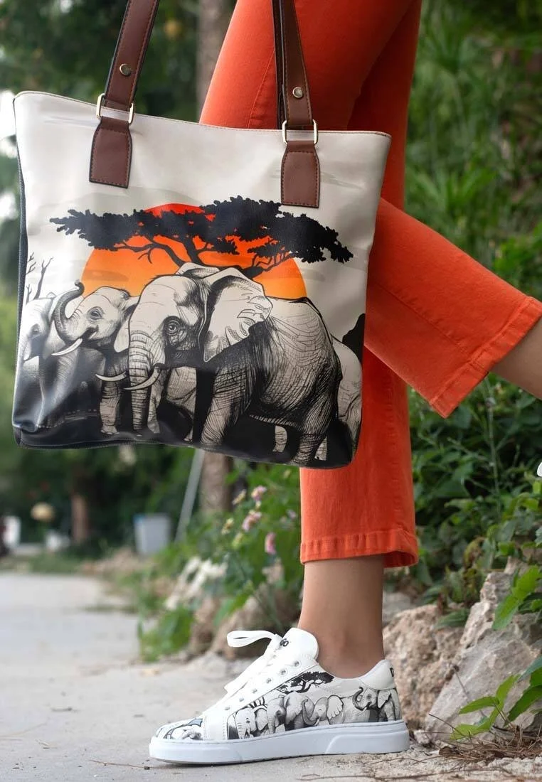 Women Vegan Leather Navy Shoulder Bag - Sunset Animals Design