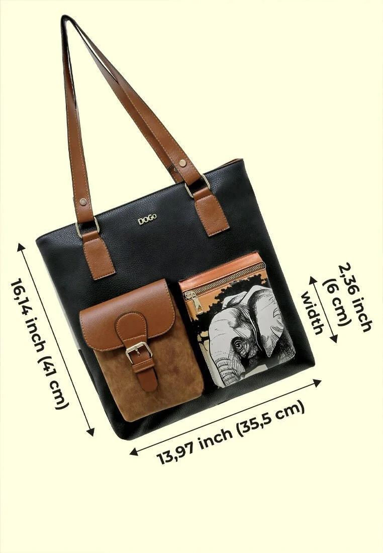Women Vegan Leather Navy Shoulder Bag - Sunset Animals Design
