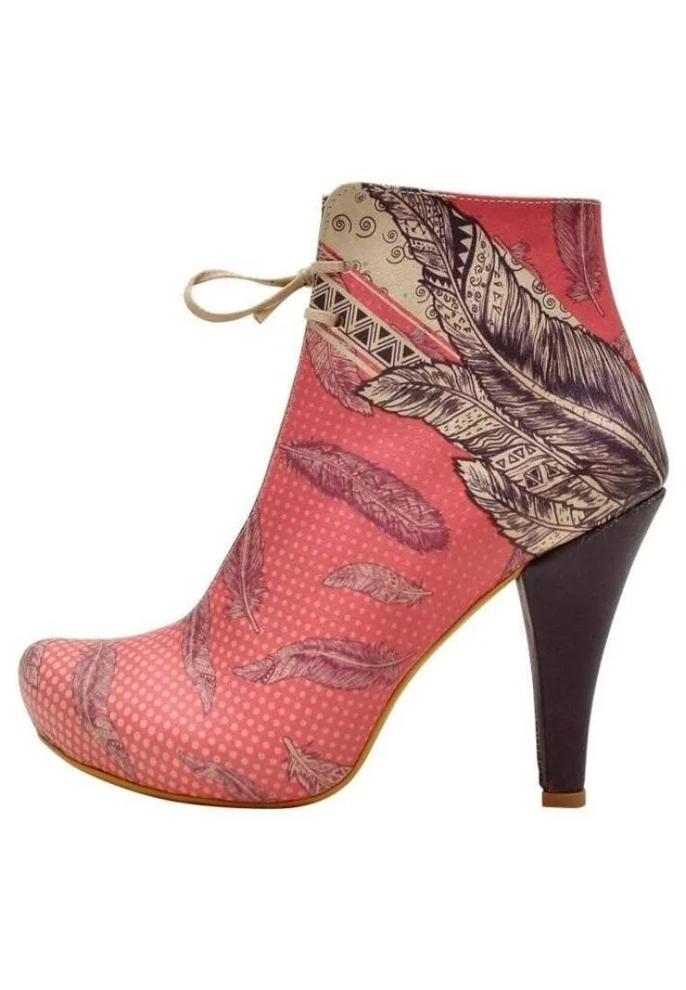 Women Vegan Leather Pink High Heel Boots - Feathers Design