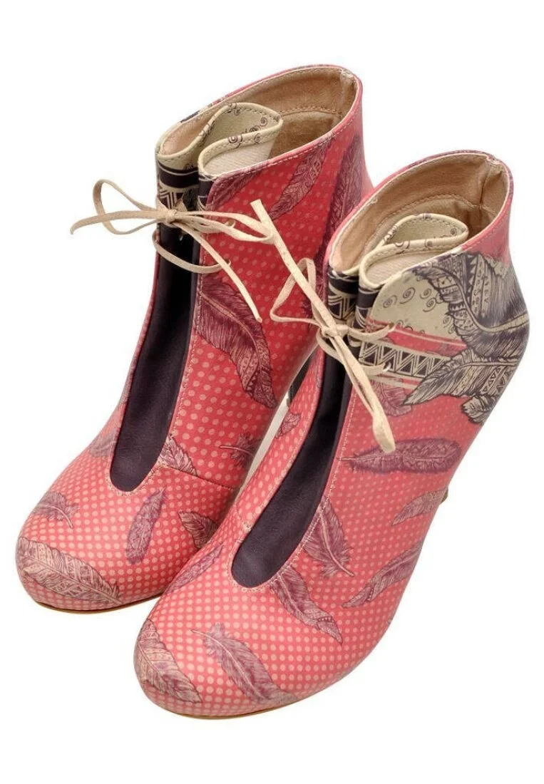 Women Vegan Leather Pink High Heel Boots - Feathers Design