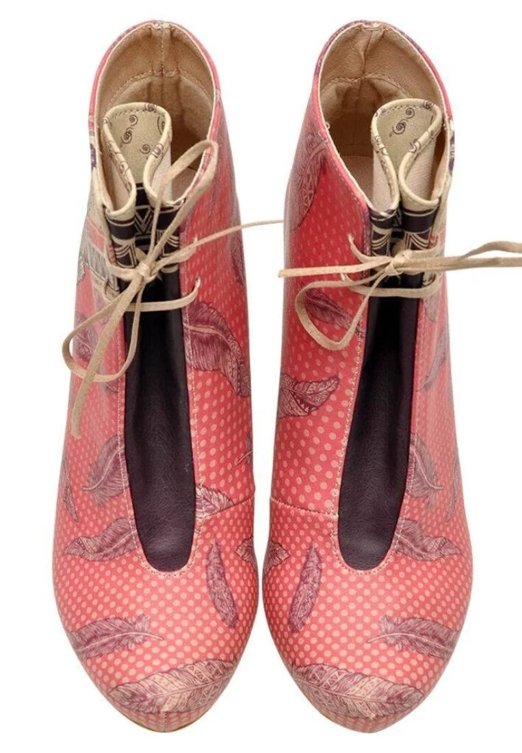 Women Vegan Leather Pink High Heel Boots - Feathers Design