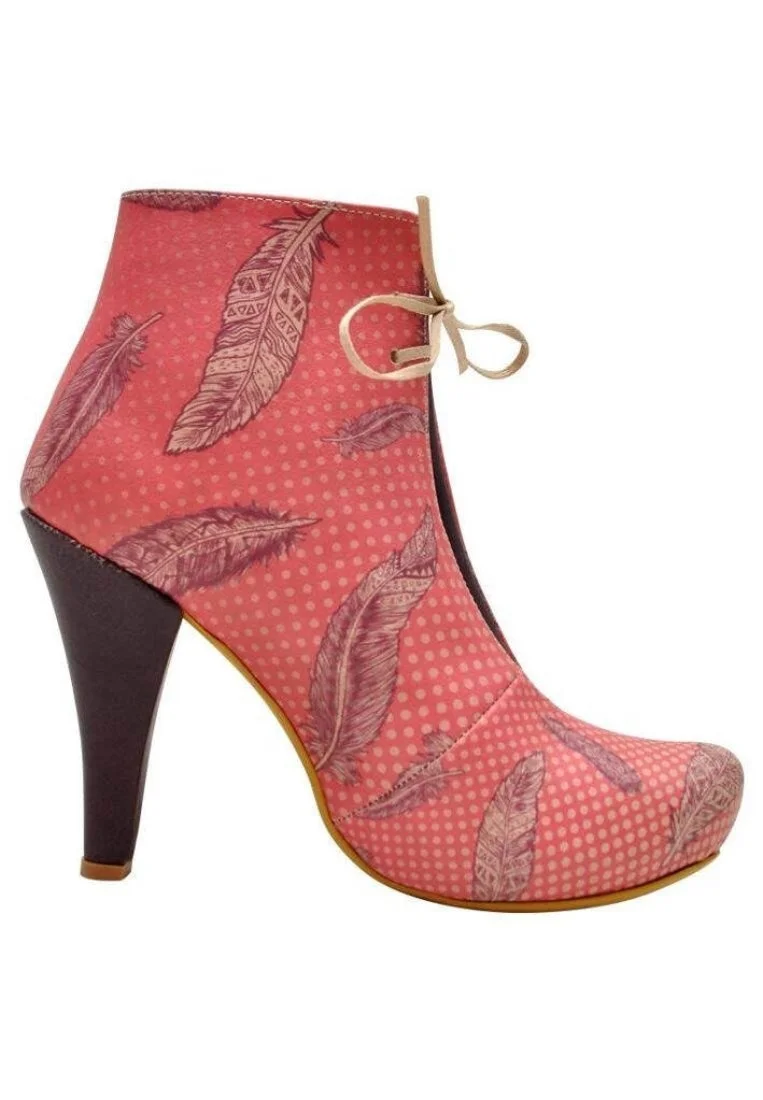 Women Vegan Leather Pink High Heel Boots - Feathers Design