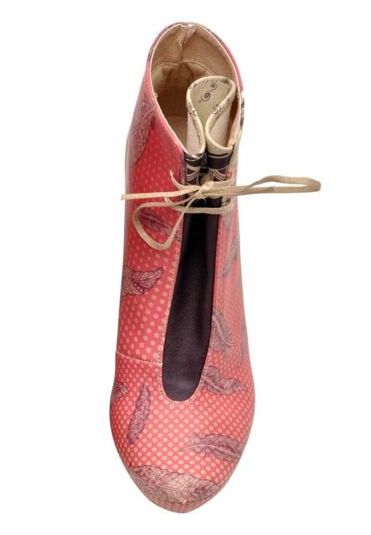 Women Vegan Leather Pink High Heel Boots - Feathers Design