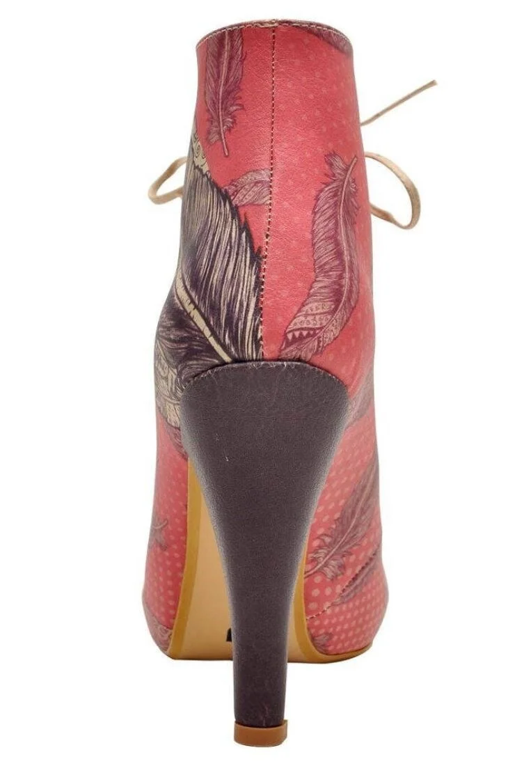 Women Vegan Leather Pink High Heel Boots - Feathers Design