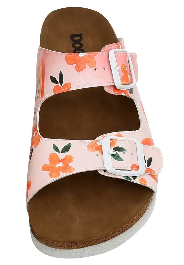 Women Vegan Leather Pink Slippers - Flowers and Fruits Design