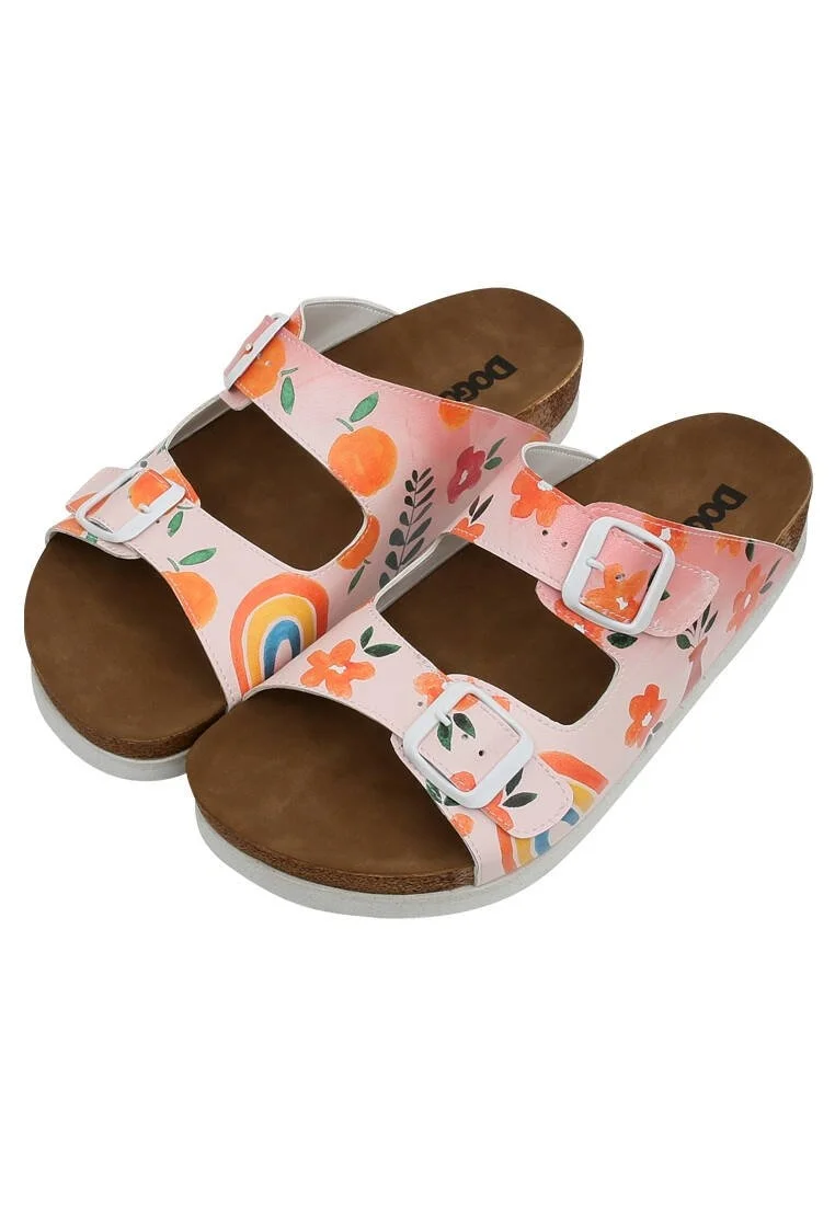 Women Vegan Leather Pink Slippers - Flowers and Fruits Design