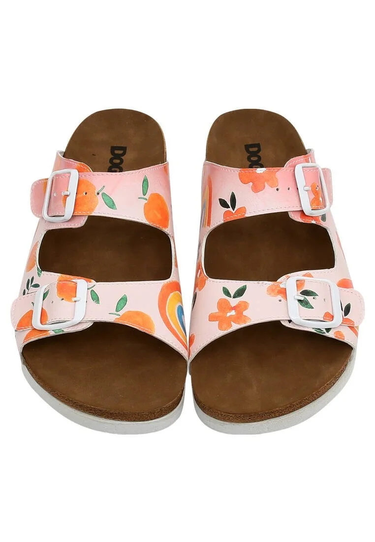 Women Vegan Leather Pink Slippers - Flowers and Fruits Design