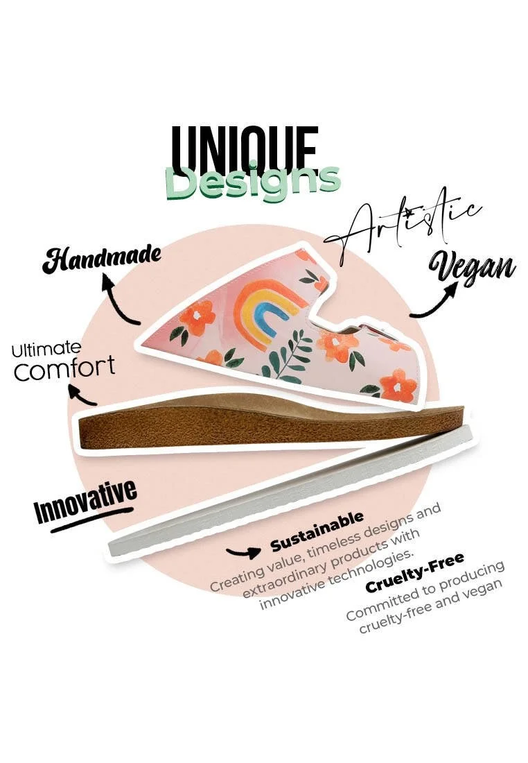 Women Vegan Leather Pink Slippers - Flowers and Fruits Design