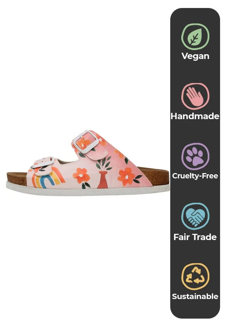 Women Vegan Leather Pink Slippers - Flowers and Fruits Design