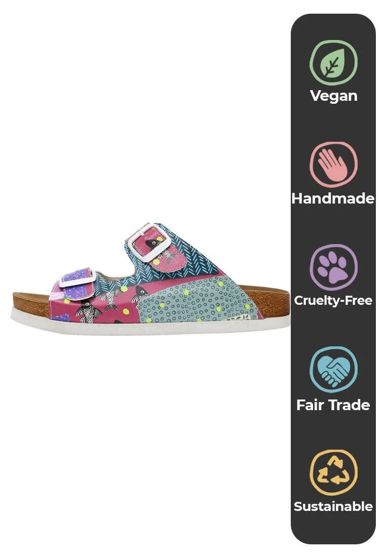 Women Vegan Leather Purple Slippers - Patch Fish Design