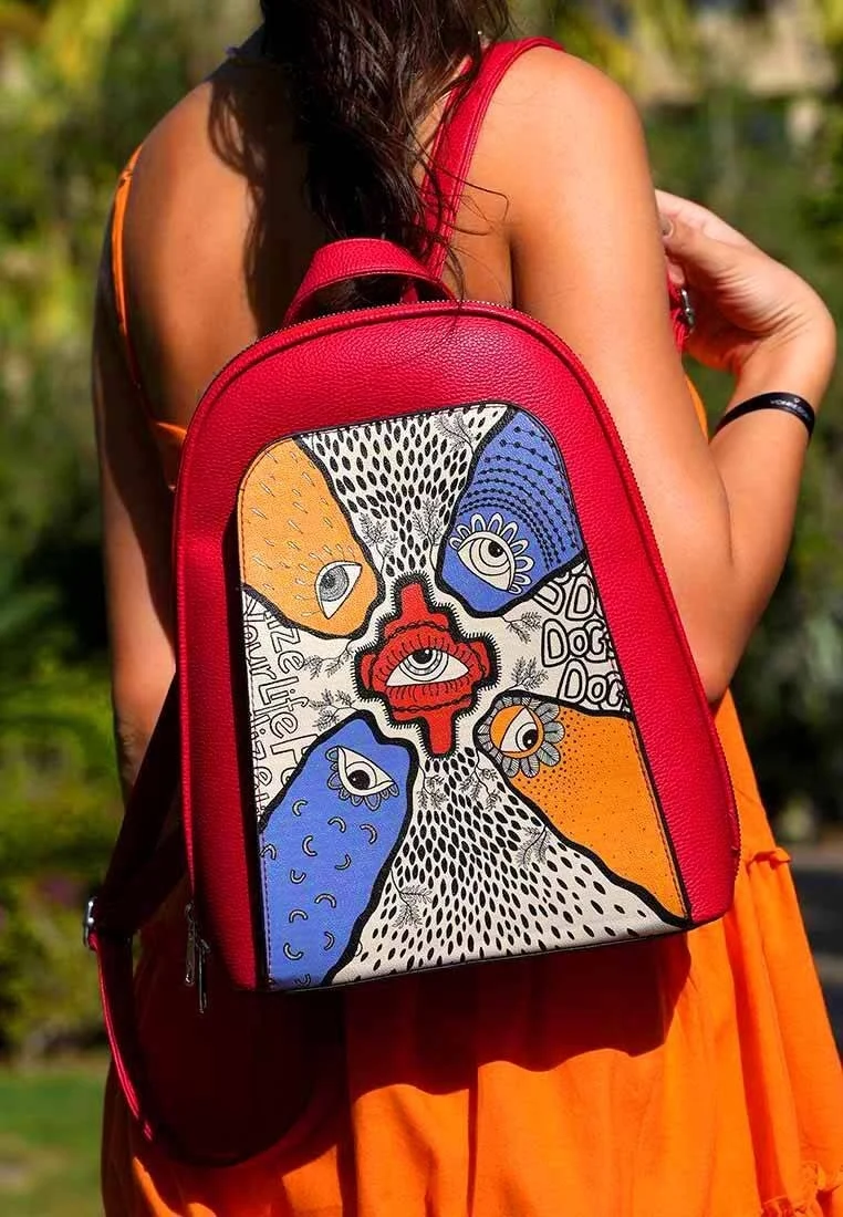 Women Vegan Leather Red Backpack - Center View Design