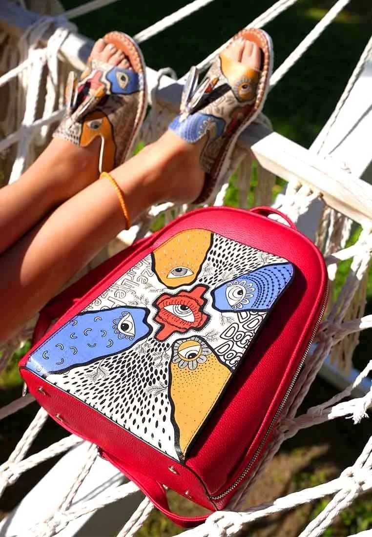 Women Vegan Leather Red Backpack - Center View Design