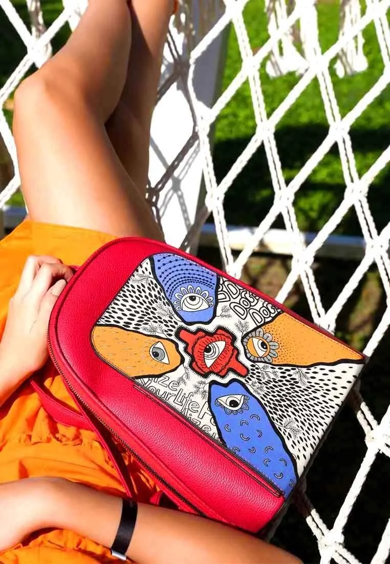 Women Vegan Leather Red Backpack - Center View Design
