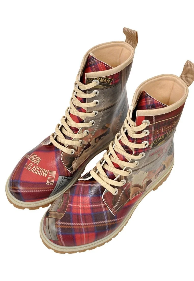 Women Vegan Leather Red Long Boots - Scottish Dining Car Design