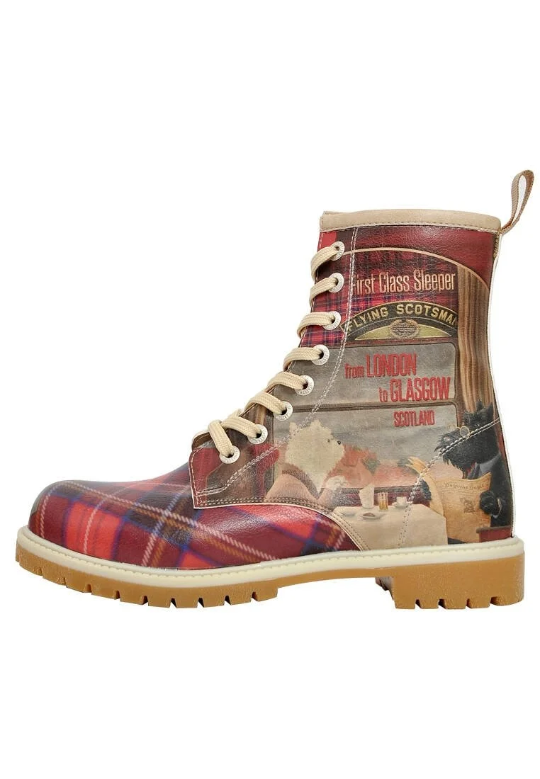 Women Vegan Leather Red Long Boots - Scottish Dining Car Design