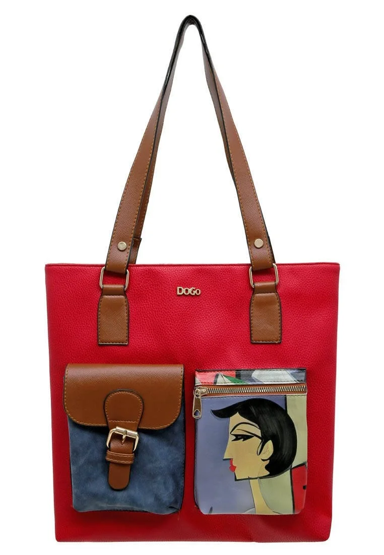 Women Vegan Leather Red Shoulder Bag - Cubic Faces Design