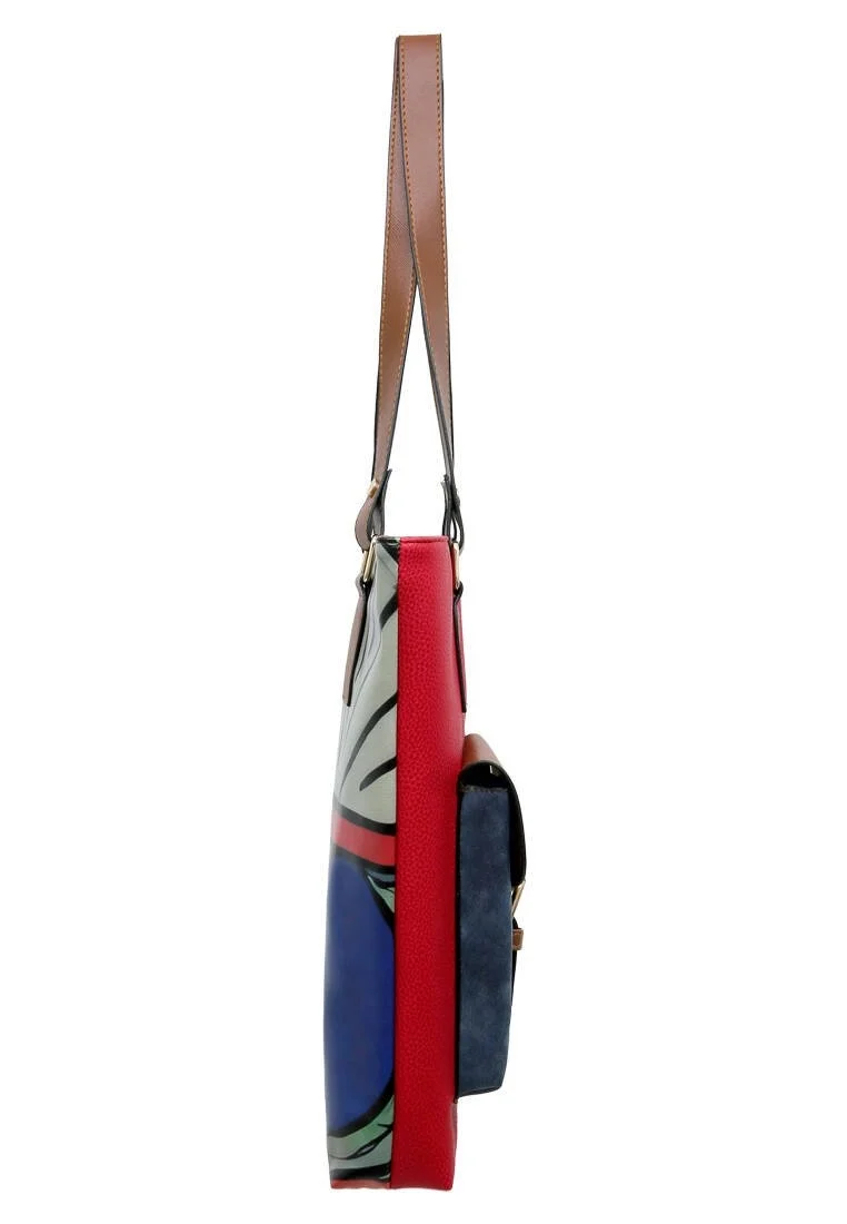 Women Vegan Leather Red Shoulder Bag - Cubic Faces Design