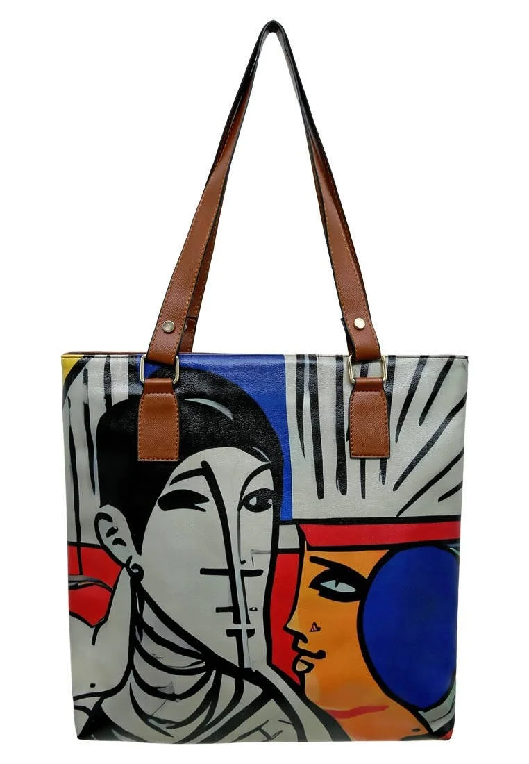 Women Vegan Leather Red Shoulder Bag - Cubic Faces Design