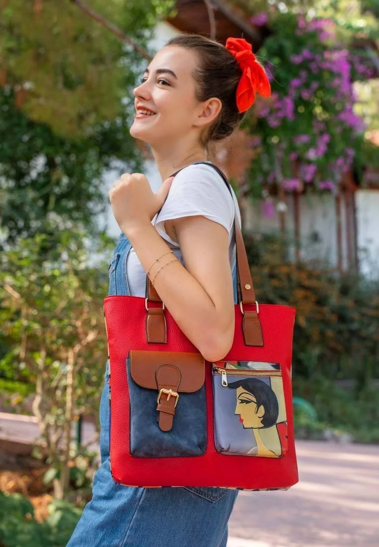 Women Vegan Leather Red Shoulder Bag - Cubic Faces Design