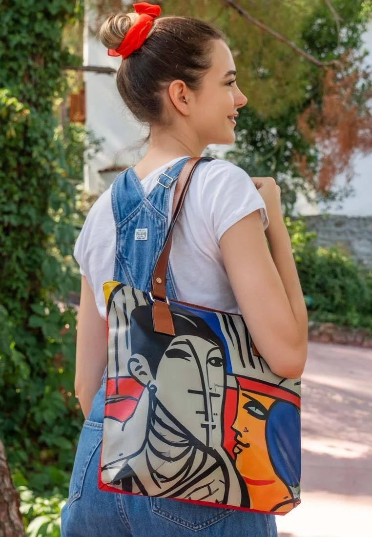 Women Vegan Leather Red Shoulder Bag - Cubic Faces Design