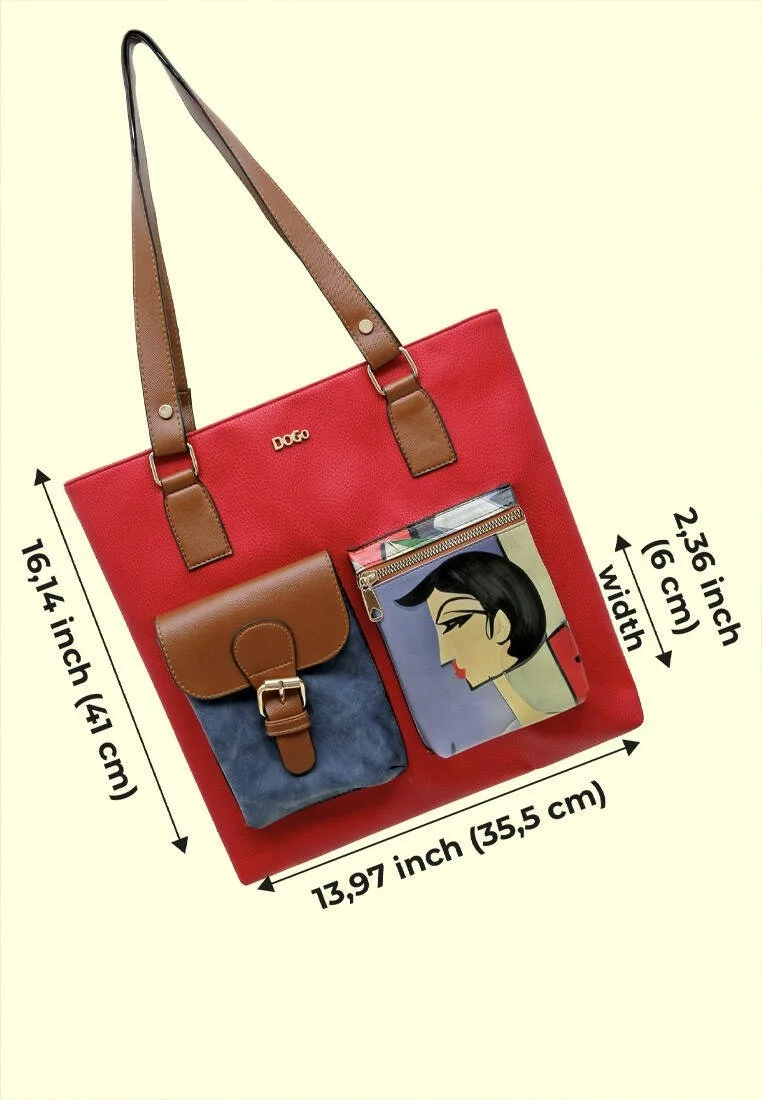Women Vegan Leather Red Shoulder Bag - Cubic Faces Design