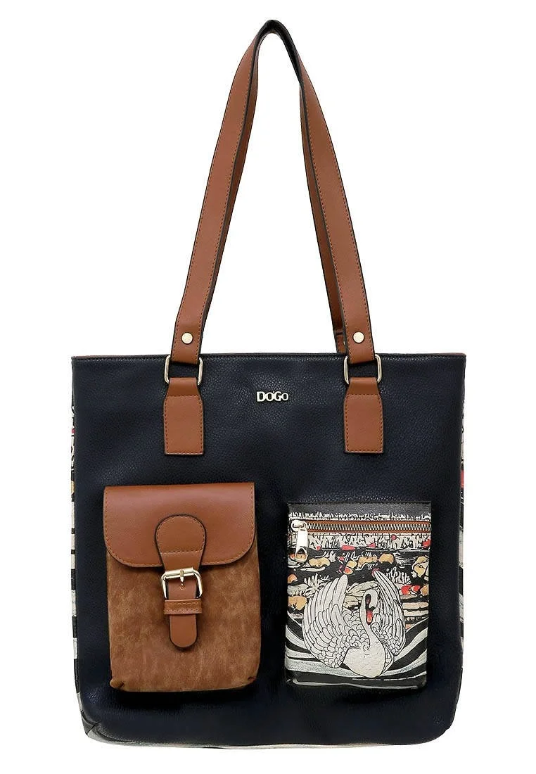 Women Vegan Leather Navy Shoulder Bag - The Swan Softly Sleeps Design