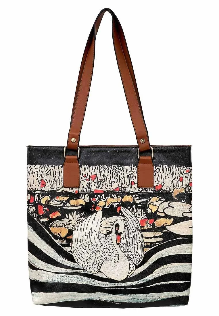 Women Vegan Leather Navy Shoulder Bag - The Swan Softly Sleeps Design