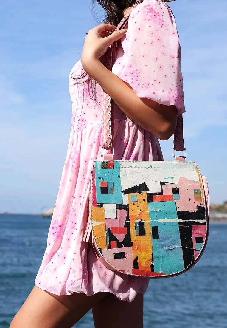 Women Vegan Leather Multicolor Shoulder Bag - Block Houses Design