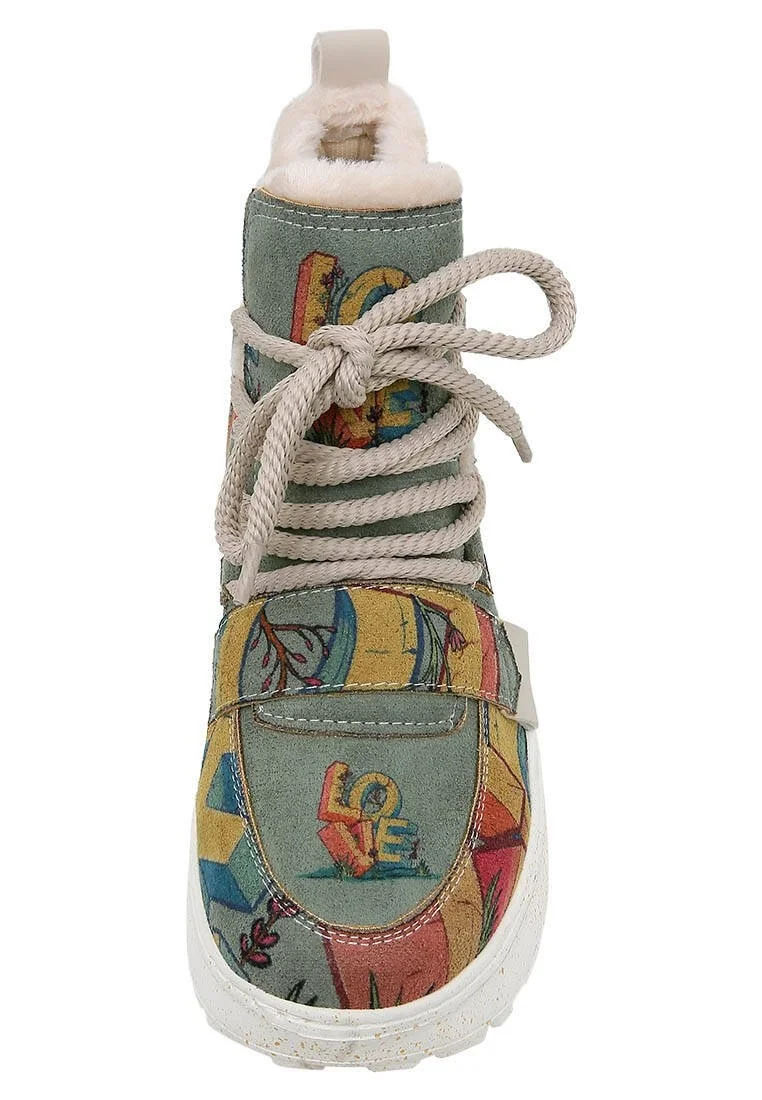 Women Vegan Leather Turquoise Boots - Love Design