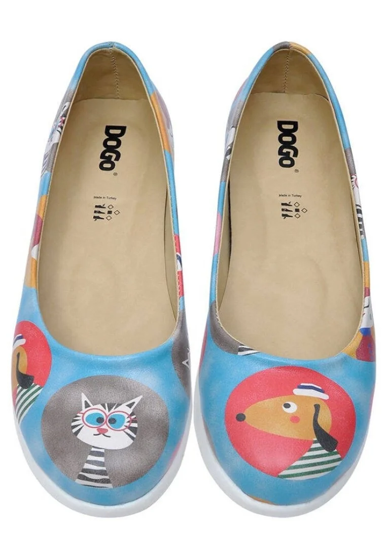 Women Vegan Leather Turquoise Flat Shoes - Dog and Cat Design