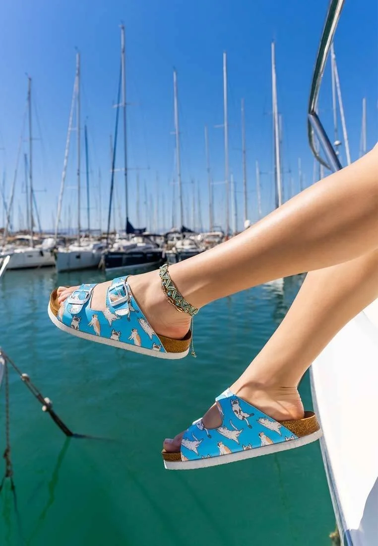 Women Vegan Leather Turquoise Slippers - Let me Cat You Design