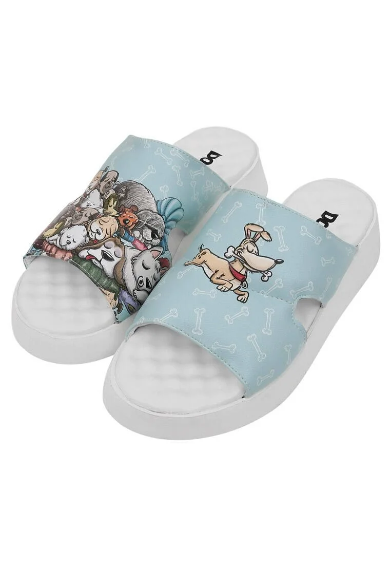 Women Vegan Leather Turquoise Slippers - Sleeping Dogs Design