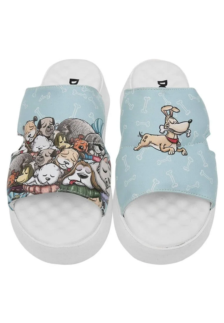 Women Vegan Leather Turquoise Slippers - Sleeping Dogs Design
