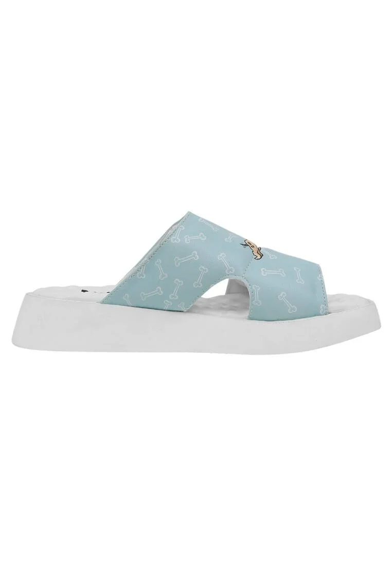 Women Vegan Leather Turquoise Slippers - Sleeping Dogs Design