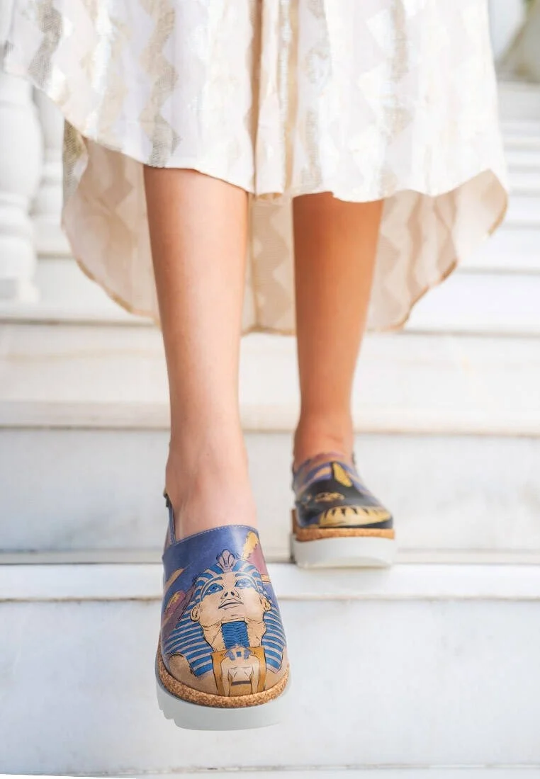 Women Vegan Leather Multicolor Wedge Sandals - Ancient Egypt Design