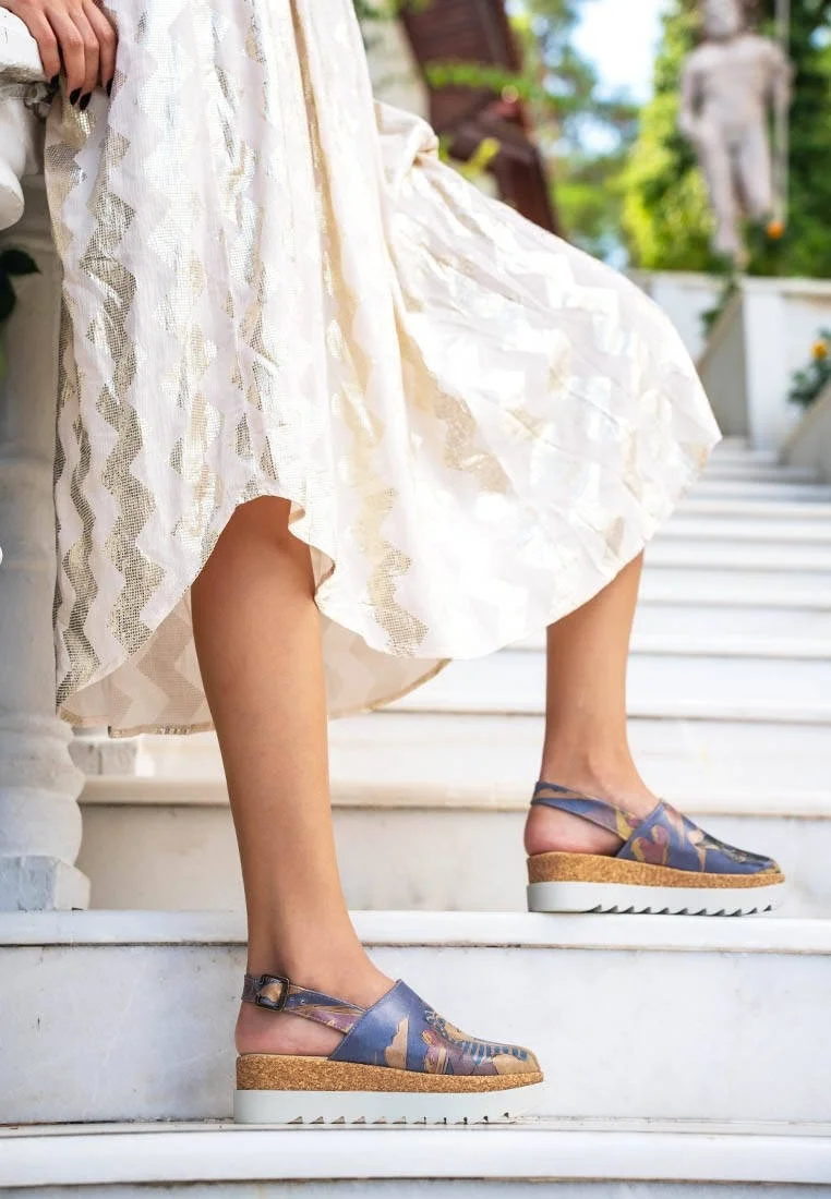 Women Vegan Leather Multicolor Wedge Sandals - Ancient Egypt Design