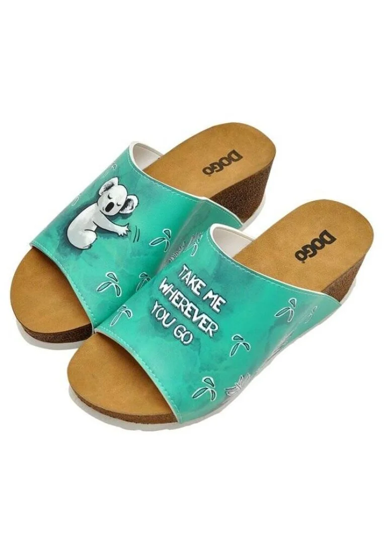 Women Vegan Leather Turquoise Wedge Slippers - Koala Hug Design