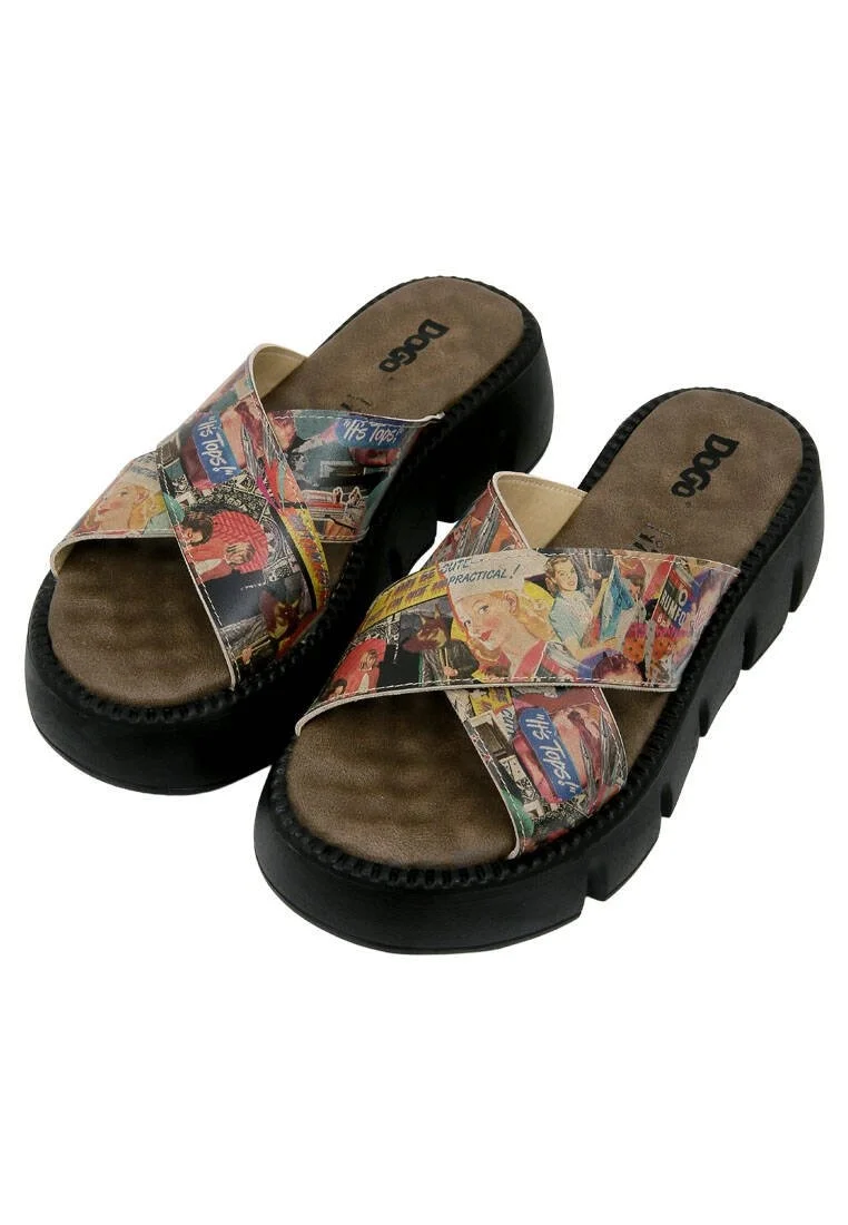 Women Vegan Leather Multicolor Wedge Slippers - Collage Design